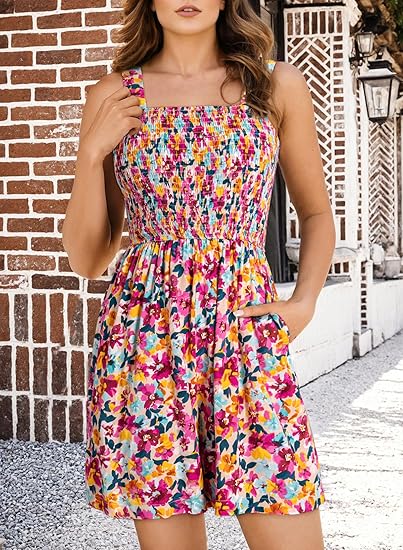 ⏰Hot Sale 49% Off💃Women's Summer Square Neck Sleeveless Loose Casual Short Smocked Romper✨