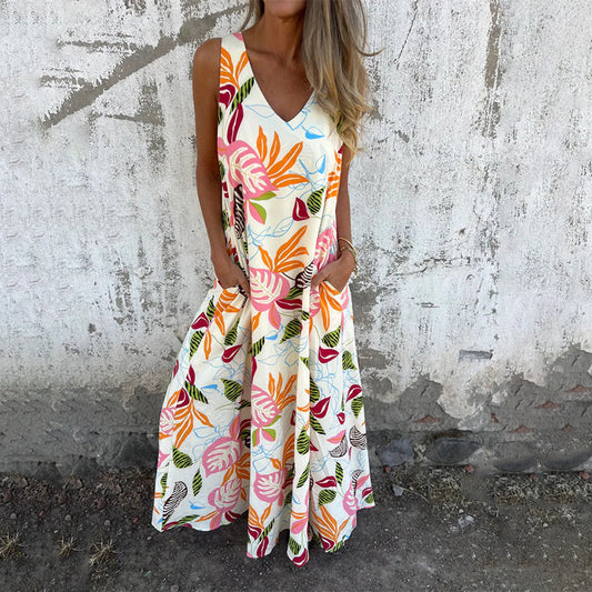💕⏰Last Day Hot Sale!!⌛💕Buy 2 save 15%🎁 Women's Leaves Pattern V-Neck Sleeveless Floor-Length Dress