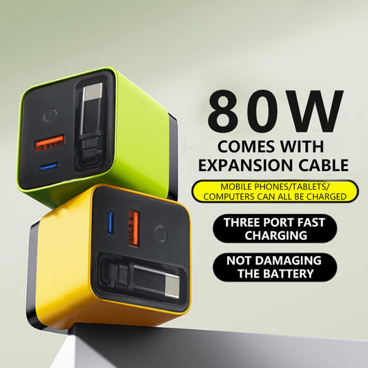 🔥Hot sale 50% OFF🔌80W Fast Charging Phone Charger Block with Retractable 80cm Type-C Cable