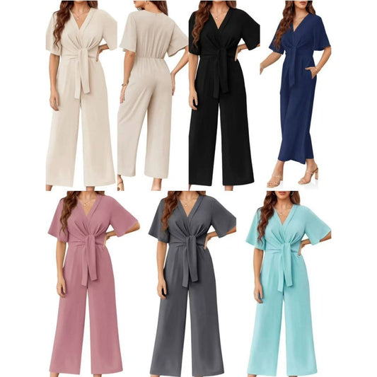 💖LAST DAY SALE 50% OFF💖✈️BUY 2 FREE SHIPPING✈️Women's Elegant V-Neck Wide Leg Waist Tie Jumpsuit