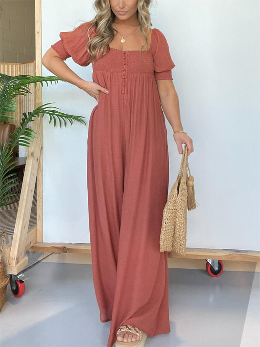 🔥 【💥Final 3-hour Preferential Deal 💥】🔥 Square Neckline Jumpsuit with Smocked Bodice Button