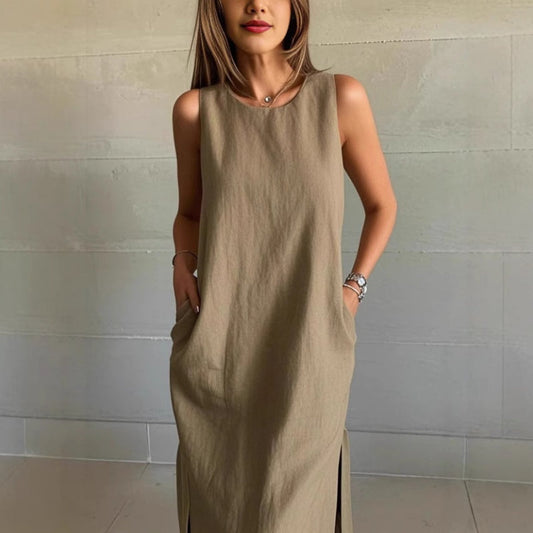 ⏰Last Day Hot Sale!!⌛FREE SHIPPING✈️Cotton Linen Sleeveless Slit Solid Color Dress