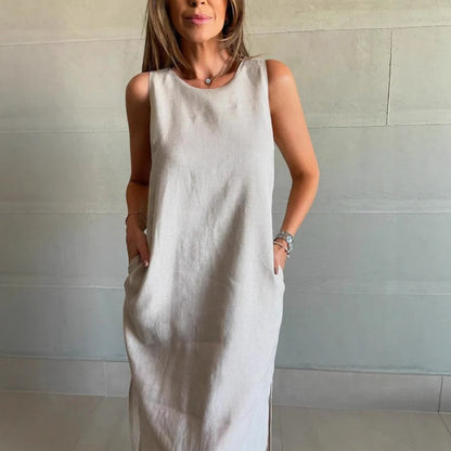 ⏰Last Day Hot Sale!!⌛FREE SHIPPING✈️Cotton Linen Sleeveless Slit Solid Color Dress