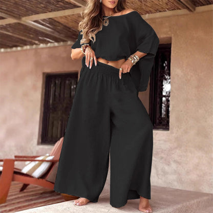 ⏳Time-limited Special💕Women's Causal Off Shoulder Top ＆ Wide-Leg Pants Two-Piece Set