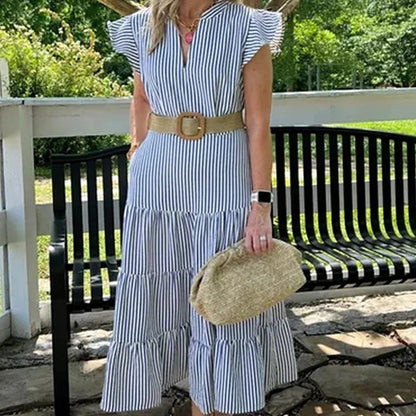 BUY 2 FREE SHIPPING✈️🏖️Summer Hot Sale 49% OFF🌼Women’s Striped Tiered Ruffle Midi Dress