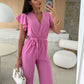 Buy 2 Free Shipping✈️🔥50% OFF🔥Women's Fashion Solid Color V-Neck Ruffle Sleeve Wide-Leg Jumpsuit