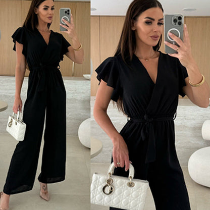 Buy 2 Free Shipping✈️🔥50% OFF🔥Women's Fashion Solid Color V-Neck Ruffle Sleeve Wide-Leg Jumpsuit