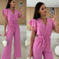 Buy 2 Free Shipping✈️🔥50% OFF🔥Women's Fashion Solid Color V-Neck Ruffle Sleeve Wide-Leg Jumpsuit