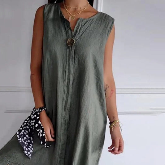 ⏰Last Day Hot Sale!!⌛☁️V-neck Cotton-Linen Sleeveless Dress🎐