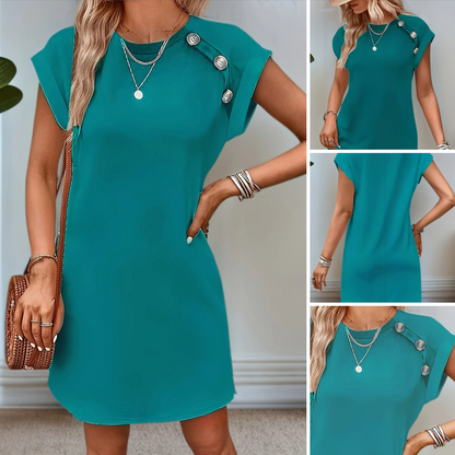 ✨2025 Hot Sale⌛Solid Color Round Neck Slimming A-Line Dress