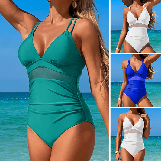 ⏳Time-limited Special⏰Women's Solid Mesh V-Neck One-Piece Swimsuit