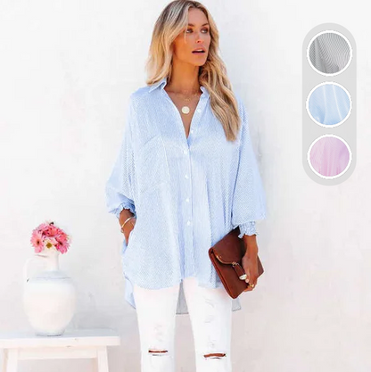 🌞Summer Sale🔥Women's Striped Shirt with Elastic Sleeves