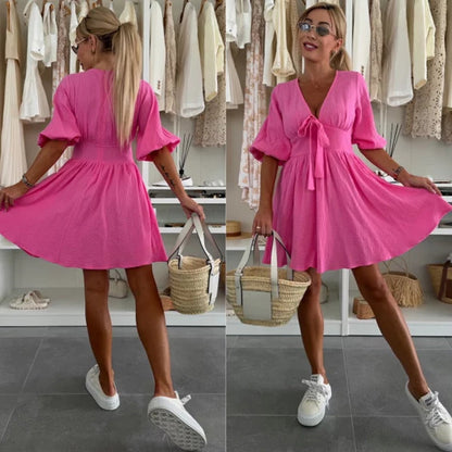 ⏰Last Day Hot Sale!!⌛Casual V-Neck Solid Color Mini Dress