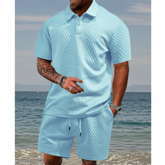 🔥Hot Sale 50% Off💥Men’s Diamond Pattern Turn-Down Collar Short Sleeve Top & Drawstring Shorts 2-Piece Set