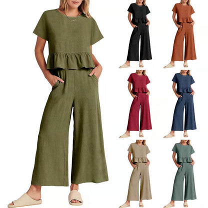 ✨2025 Hot Sale⌛Women’s Casual Short-Sleeves Top & Wide Leg Pants 2-Piece Set